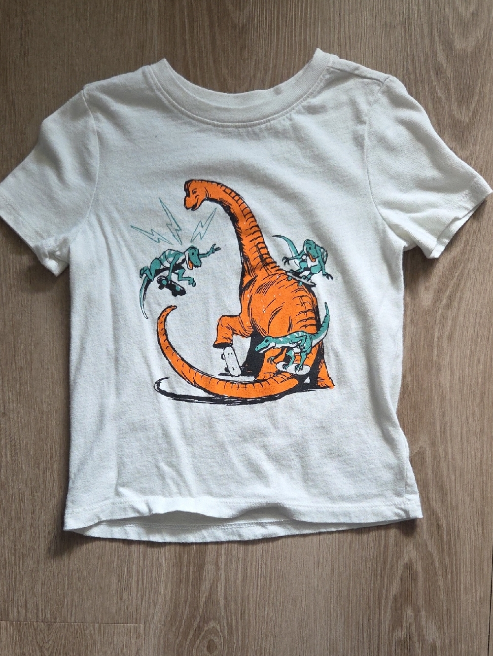 Old Navy White Tee with Orange & Teal Dinosaur Graphic